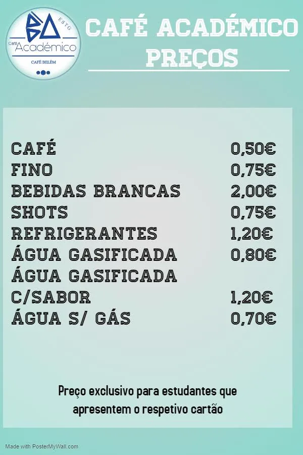A tabela de preços afixada do Café Académico